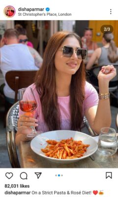 Disha Parmar Enjoys Pasta and Wine