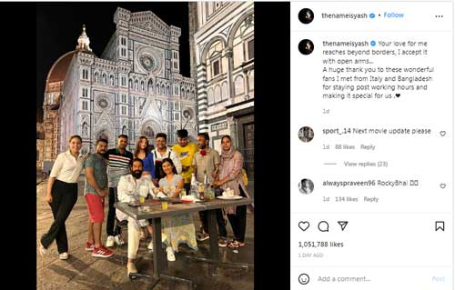 Yash shared a Pic with Wife and Fans from Italy, Wrote 'Your love, for me...'