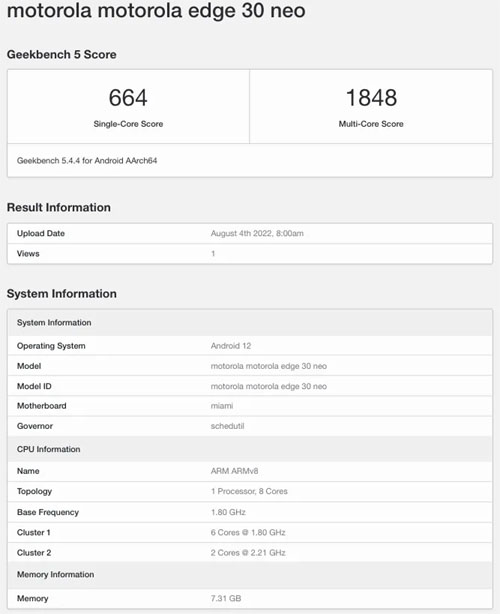 Motorola Edge 30 Neo Geekbench website 