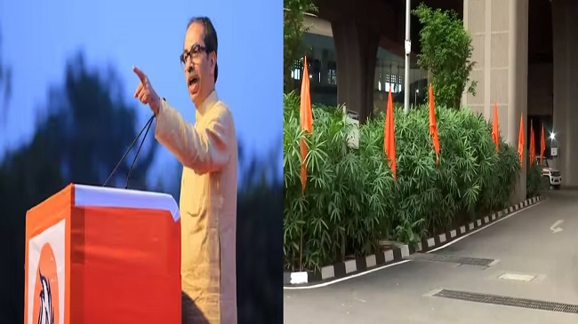 India Mumbai Meeting: मुंबई एयरपोर्ट पर लगाए गए भगवा झंडे, उद्धव गुट ने कहा- हिंदुत्व हमारी पहचान