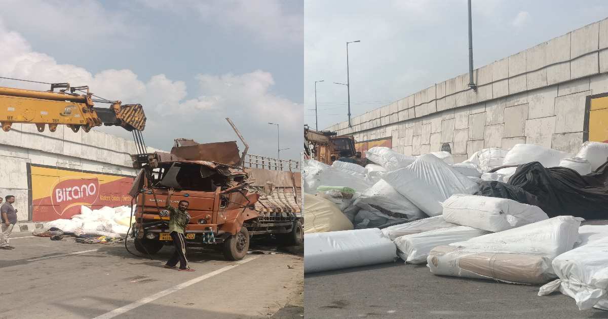 पानीपत में बड़ा हादसा : फ्लाईओवर पर अनियंत्रित होकर कैंटर 16 फुट की ऊंचाई से नीचे सड़क पर गिरा, चालक की मौत, 7 टन कपड़े से लोडेड था कैंटर