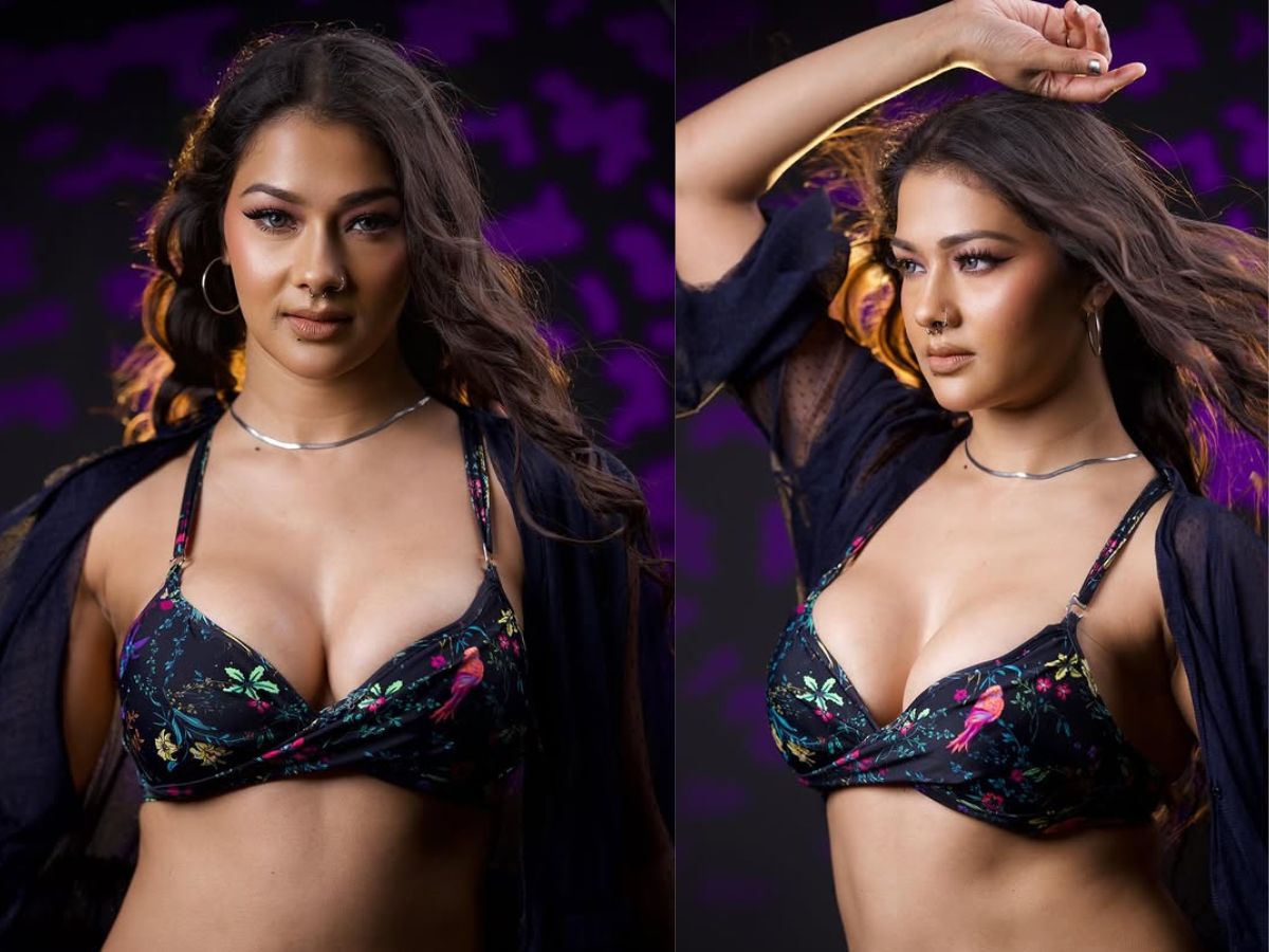 Namrata Malla floral bikini look in a black coverup - Photo Gallery