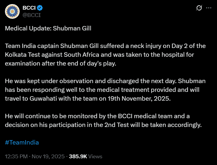 BCCI update on Shubhman Gill