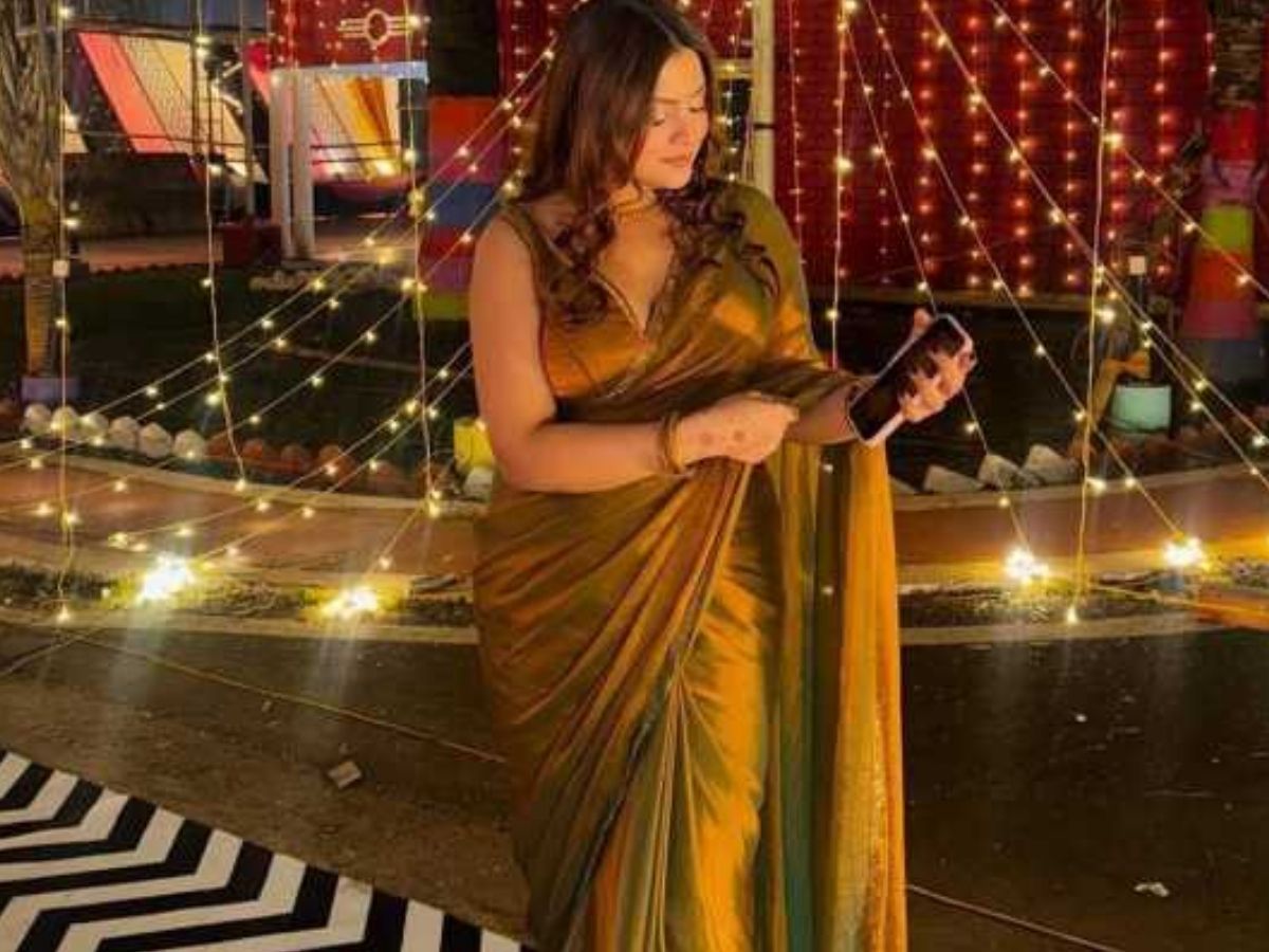 Organza Golden Saree with Bead and Stone Work - Photo Gallery