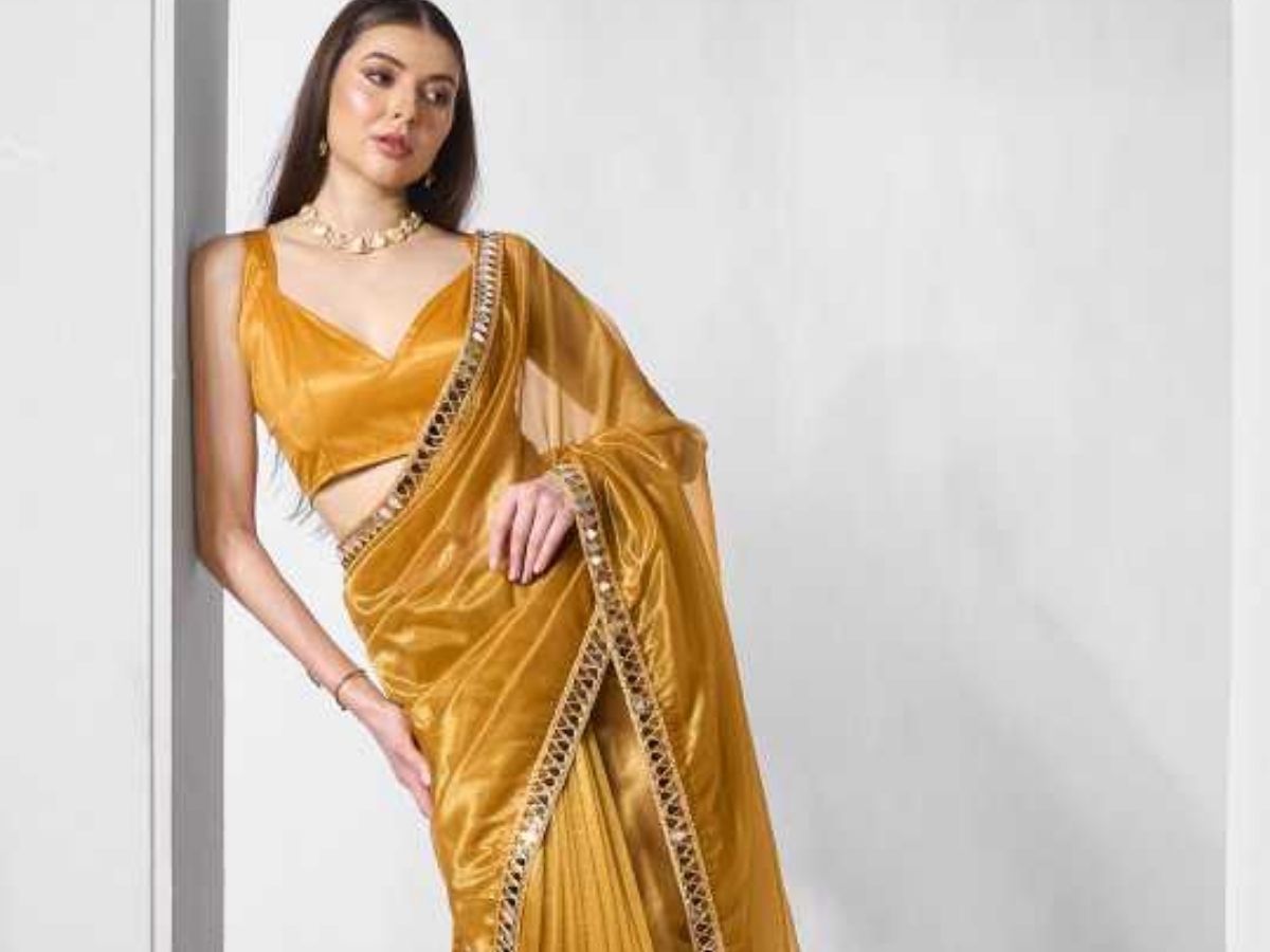 Mirror Work Organza Golden Saree for Elegant Occasions - Photo Gallery