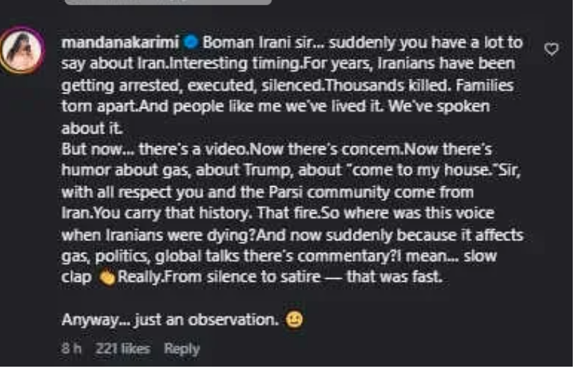 karimi mandana comment on boman irani post