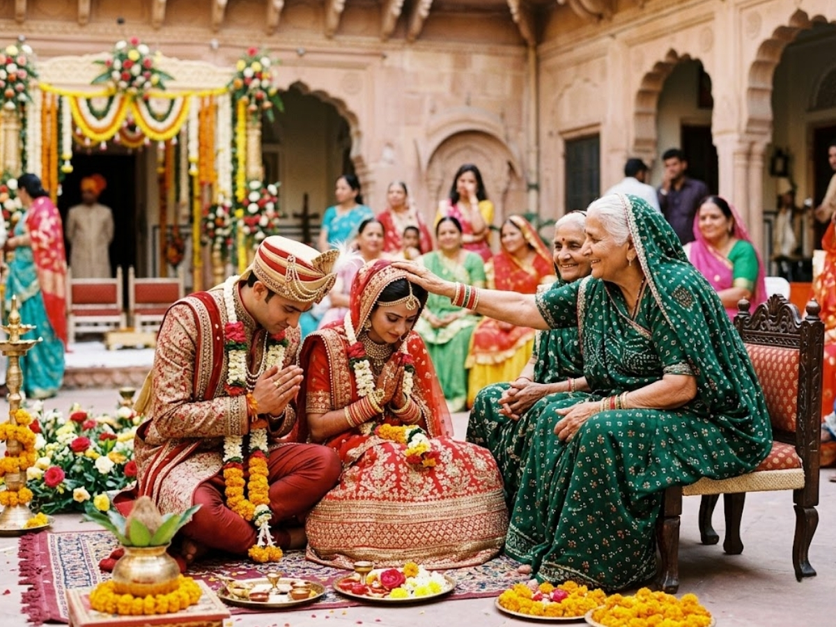 The newlywed couple seeks blessings. - Photo Gallery
