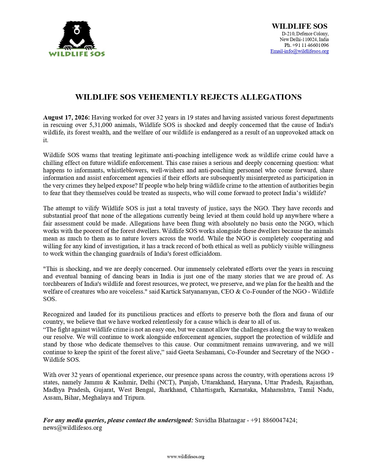 Wildlife SOS Press Release