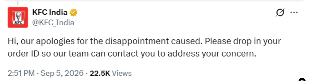 KFC india reply to customer